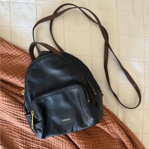 EUC Fossil Black + Brown Leather Mini Backpack Purse